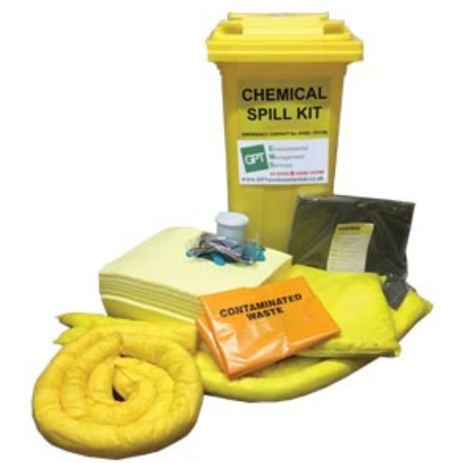 yellow wheelie bin labelled chemical spill kit with yellow absorbents