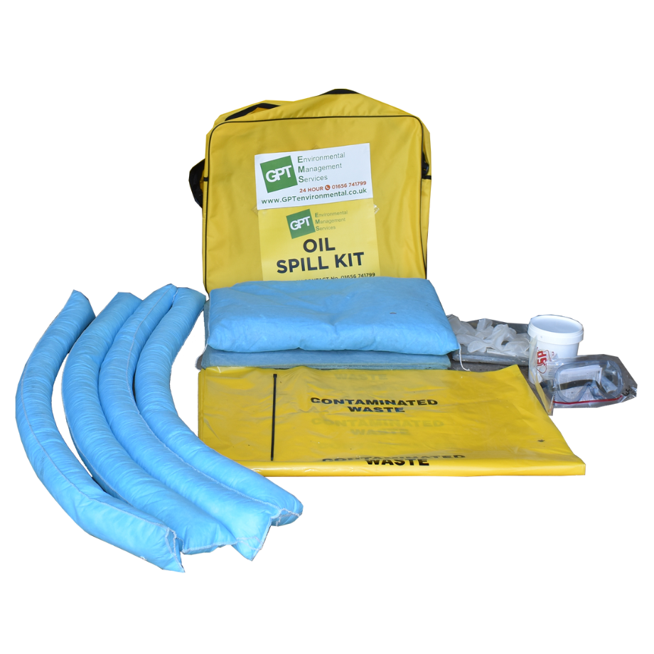 yellow bag labelled oil spill kit with blue absorbent socks and waste bags
