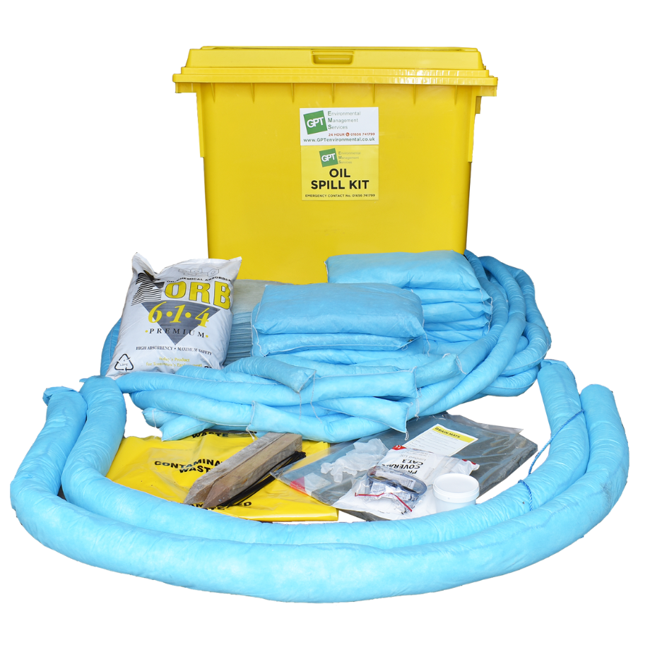 yellow wheelie bin with multiple sizes of sock and cushion absorbents laid out in front of it