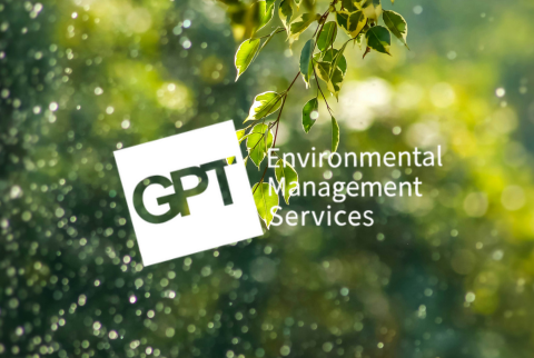 green leaves with rain in the background, overlaid with white GPT Environmental Management Services logo