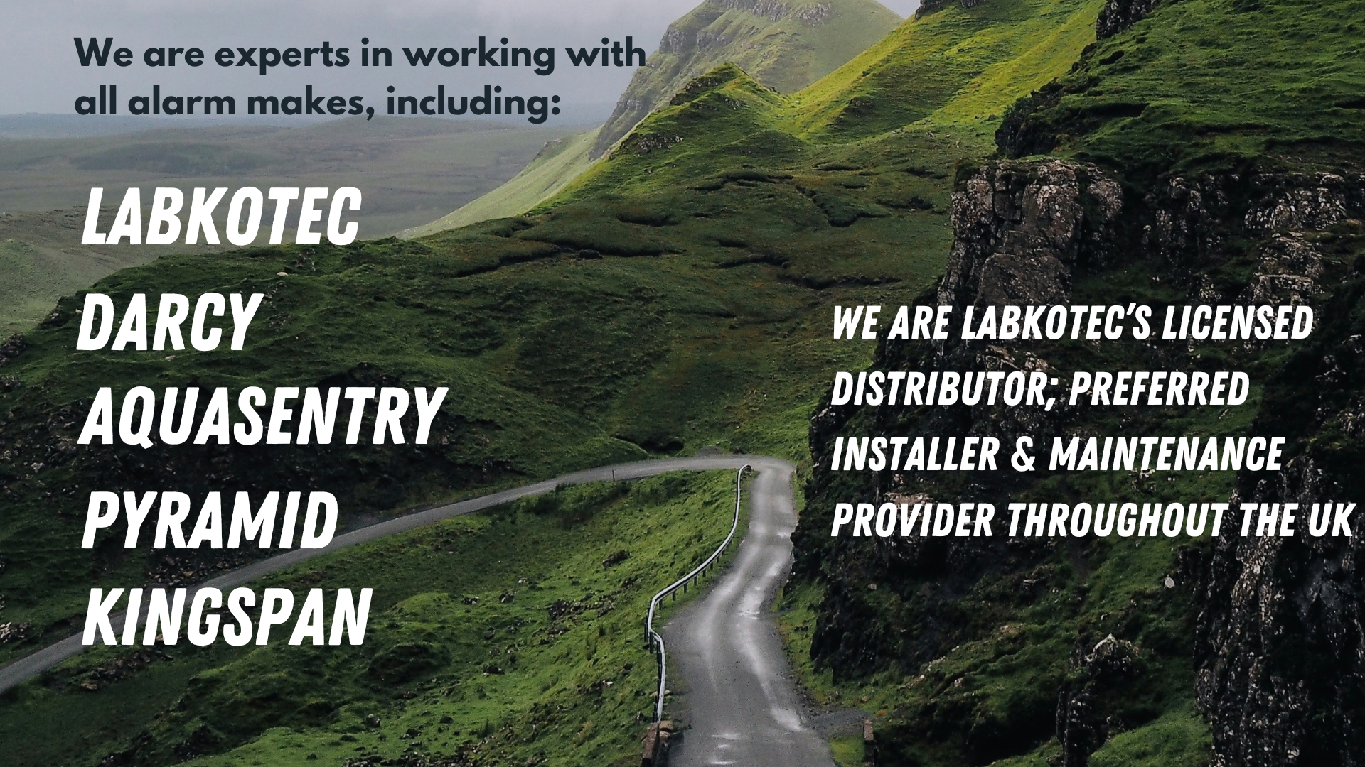 a mountainous background with a list of interceptor alarm makes serviced by gpt including labkotec and darcy 