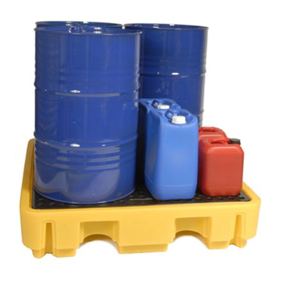two drums and gerry cans on a yellow sump pallet