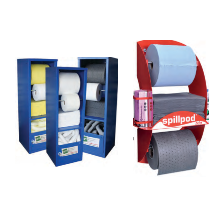 two types of spill station one with multipl rolls and socks and the other with rolls gloves and pads