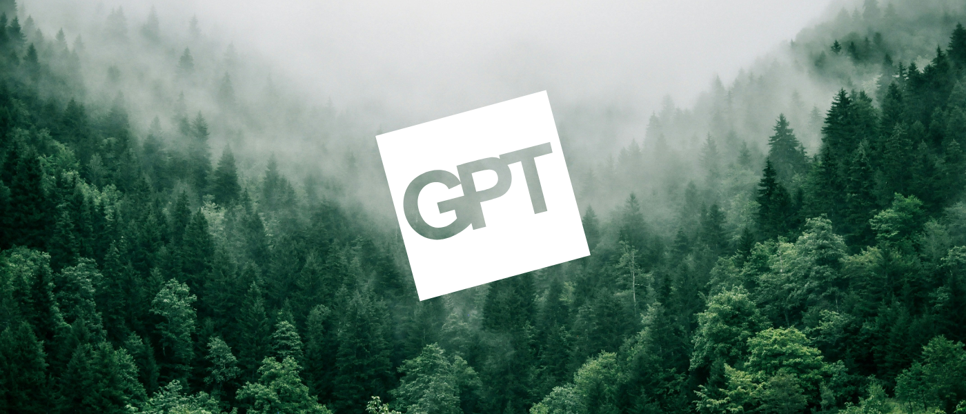 misty forest of green trees with GPT logo overlaid on top