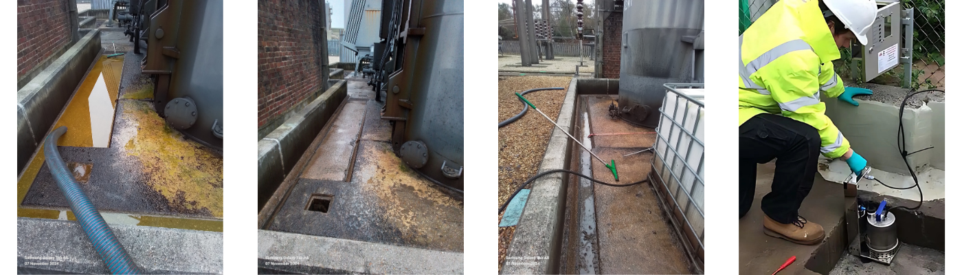 multiple images of bunds before during and after being cleaned and engineer servicing a bundguard